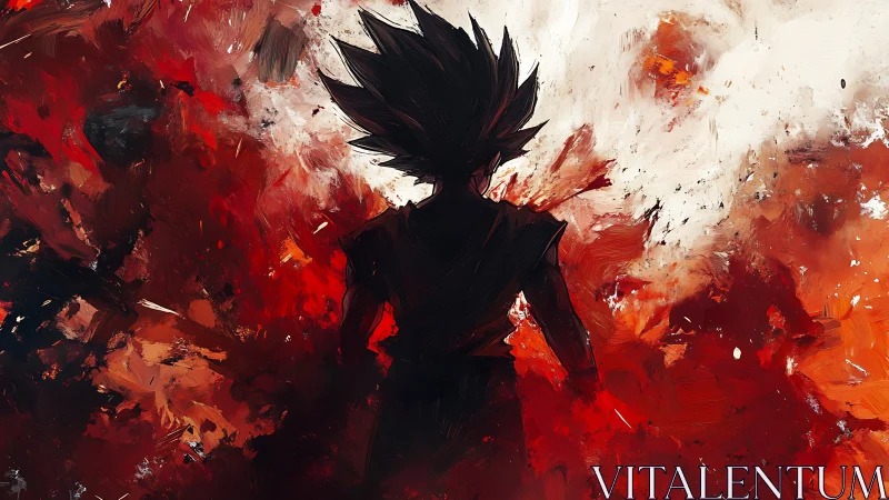 Silhouetted spiky‑haired figure amid abstract red field.