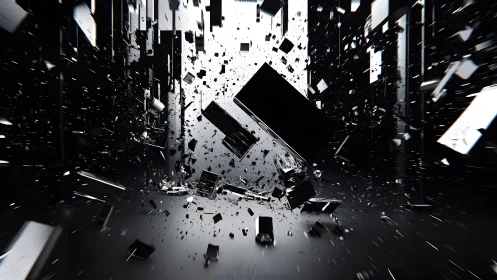 Abstract black cubes exploding in digital futuristic art style.