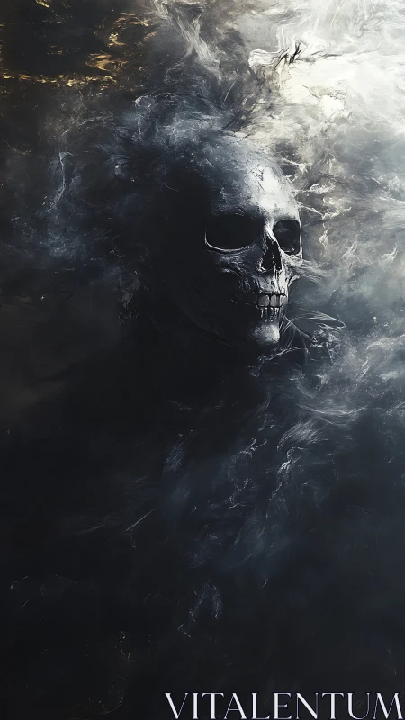 Ethereal skeletal figure dissolving into swirling shadow fog