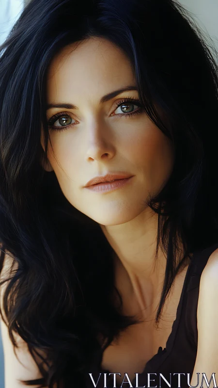 Photorealistic portrait of dark haired woman in soft light.