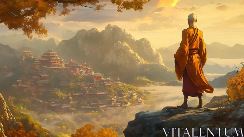 Monk gazing over sunlit mountain temples at dawn.