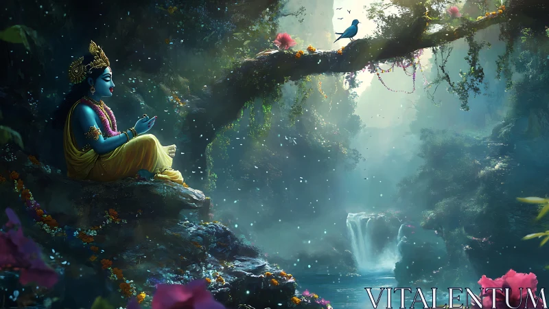 Divine blue figure seated by forest waterfall in light