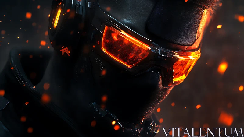 Futuristic warrior with glowing visor in drifting embers.