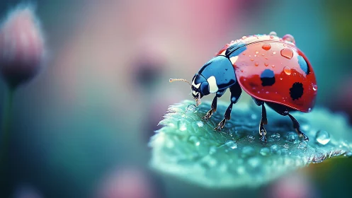 Ladybug strolls through dewy leaf in dreamy garden light.
