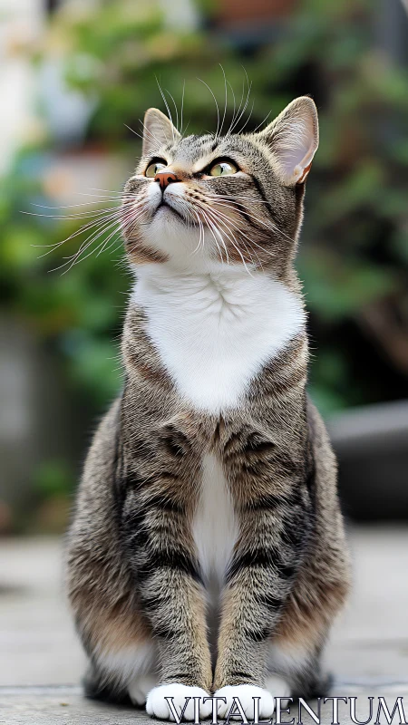 Tabby and White Cat Gazes Upward with Alert Expression.