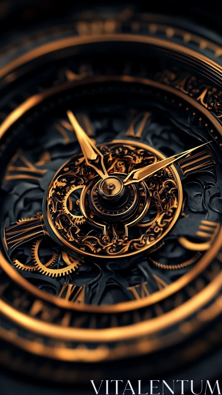 Close-up view of ornate metallic clockwork dial face.
