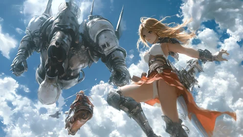 Armored airborne figures and mechs in bright clouded sky.