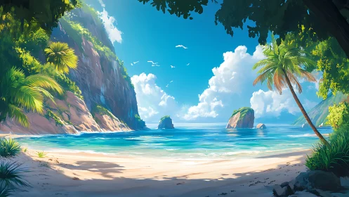 Tropical Lagoon with Limestone Cliffs and Palm Tree Framing.