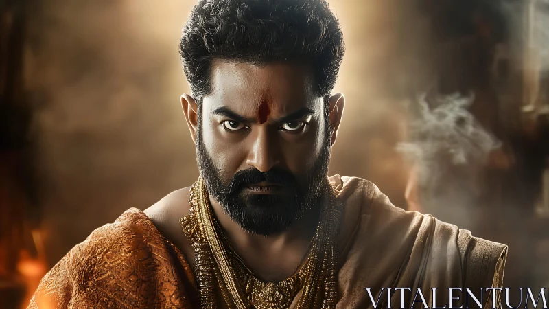 Intense warrior portrait with traditional gold attire.