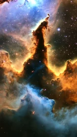 Towering interstellar pillar glows within star-filled nebula.