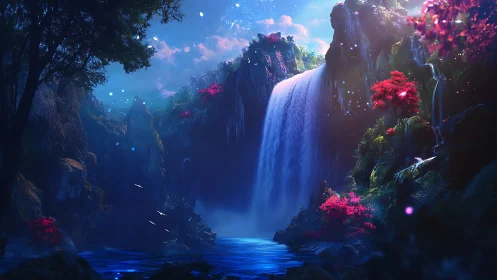 Digital fantasy waterfall scene glows with vivid colors