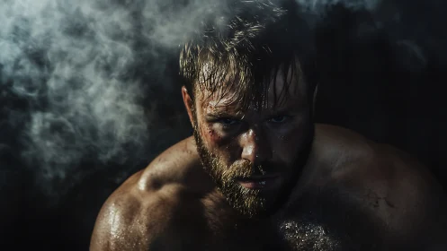 Low-key portrait isolates sweat-soaked fighter in dense atmospheric haze