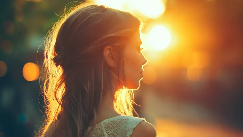 Backlit profile of young woman in warm sunset glow.