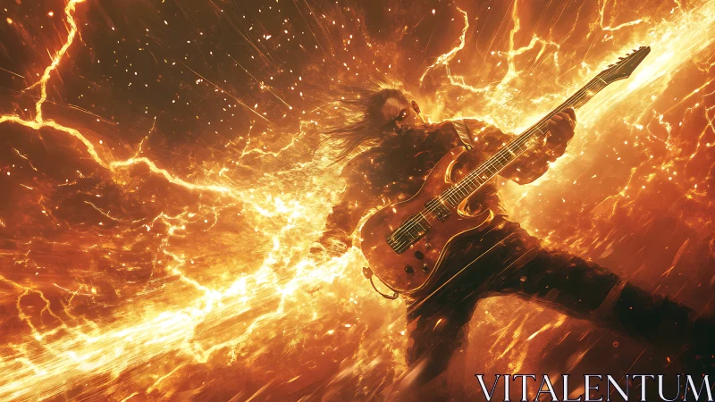 Electric guitarist rides a storm of blazing golden light