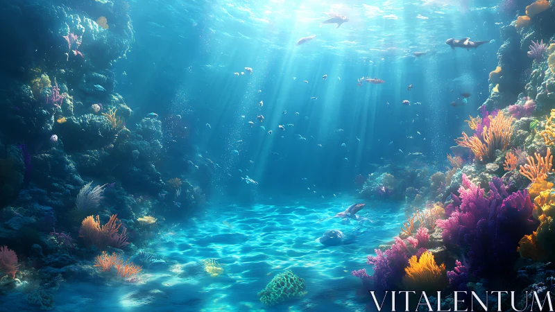Sunlit coral reef welcomes playful sea life in clear water