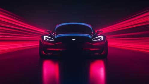 Electric performance coupe in neon red motion tunnel.