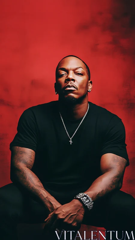 Cinematic portrait of seated man against saturated red field.
