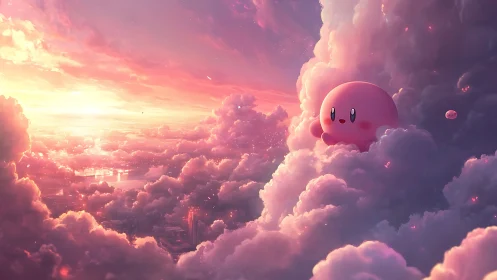 Pink celestial mascot drifting through iridescent sunset clouds.