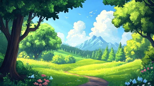 Landscape with Mountain, Forest Canopy, and Meadow Path