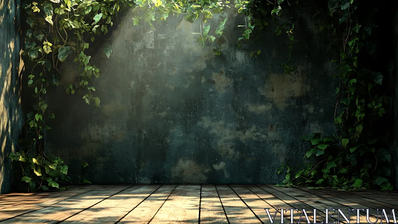 Sunlit ivy against weathered wall in empty wooden room.