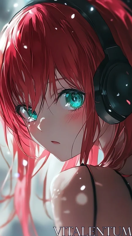 Anime portrait with cyan eyes and red hair in shallow focus.