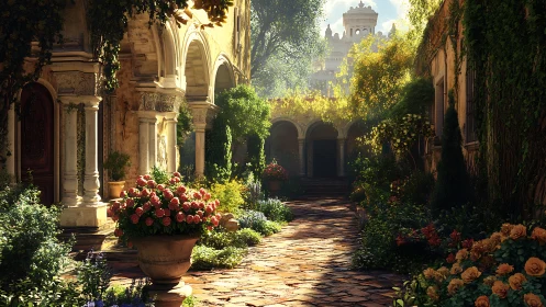 Sunlit courtyard garden with flowers and quiet arches.