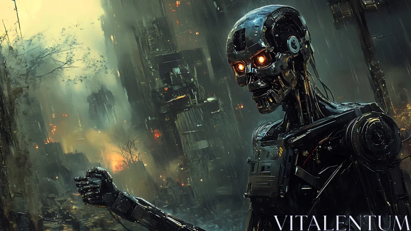 Humanoid combat robot surveys a burning ruined cityscape