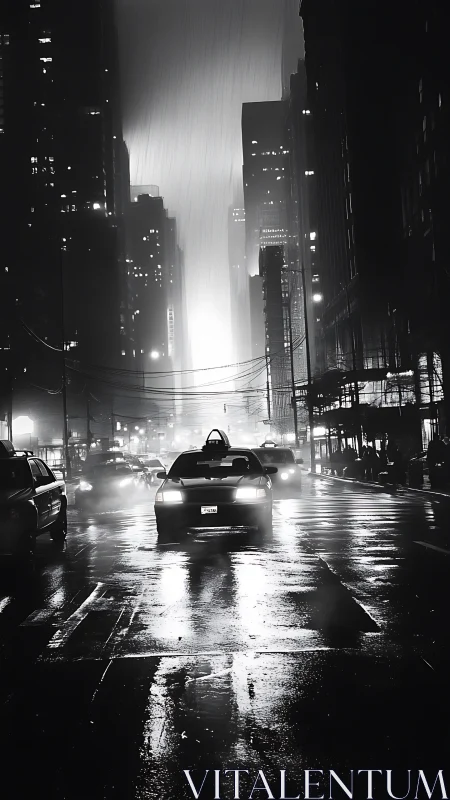 Rain falls on urban street as taxis move through wet roadway