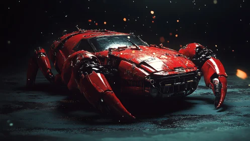Crab-inspired mech car prowls a dark, cinematic roadway.
