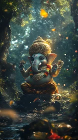 Forest morning crowns baby Ganesha in drifting petals