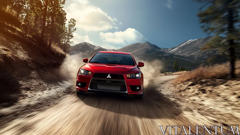 Red Mitsubishi rally car powers through dusty mountain road