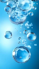 Glistening water bubbles drifting through calm blue light.