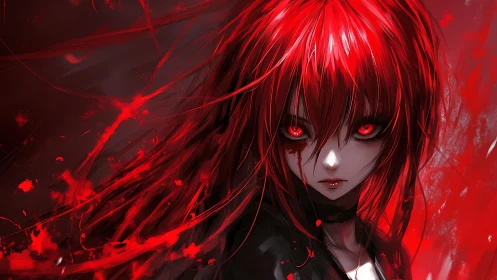 Crimson-eyed anime girl in dynamic red motion field.