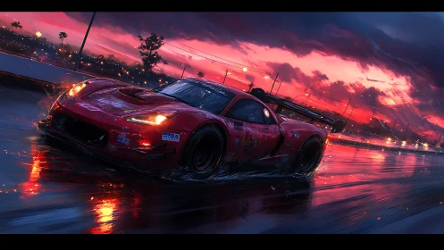 Red race car speeding on wet track at vibrant sunset.