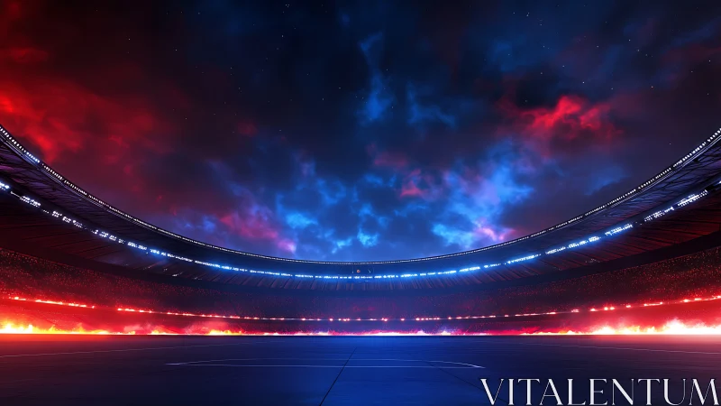Electric night stadium glowing with bold red and blue light.