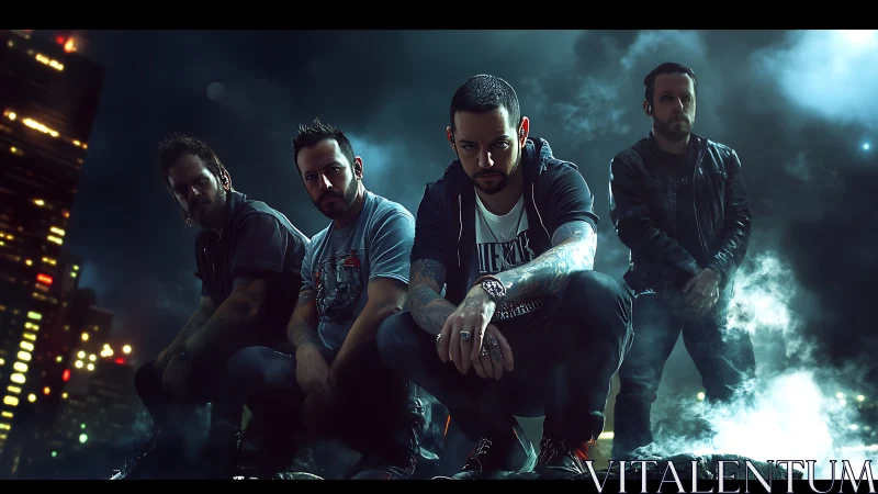 Moody urban band portrait in dramatic night fog lighting.