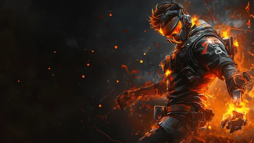 Cybernetic soldier ignites in dynamic orange particle flames