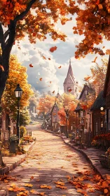 Autumn village cobblestone street with church steeple and foliage
