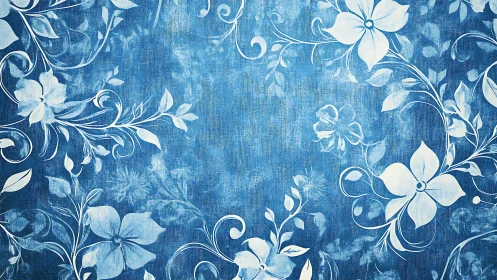 Blue Floral Damask Textile Pattern with White Blooms.