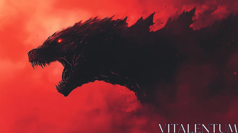Roaring titan silhouette blazing through crimson storm.