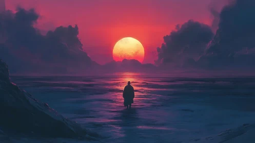 Solitary wanderer walks straight into a molten horizon sun