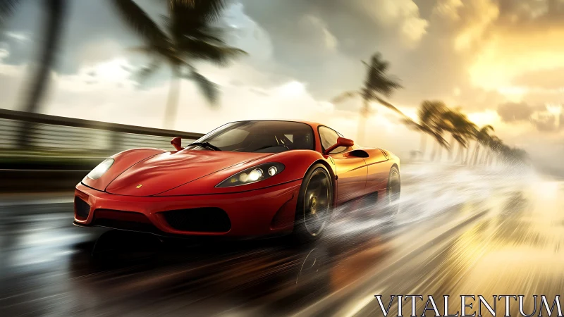 Red mid‑engine supercar on wet coastal highway at sunrise