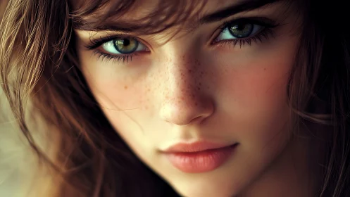Close-up portrait of young freckled face with green eyes.