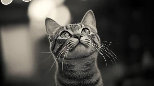 Tabby Cat Looking Upward in Monochrome Portrait.