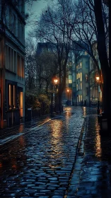 Rain-soaked cobblestone street under warm lamplight at dusk.