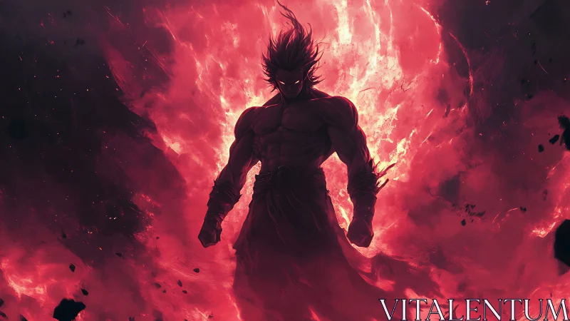 Silhouetted muscular warrior in red inferno energy field.