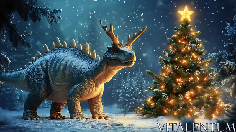 Gentle dinosaur in antlers enjoys a glowing snowy Christmas tree