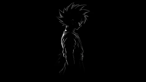 Side-lit anime warrior silhouette rendered in stark monochrome