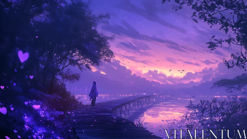 Twilight lakeside boardwalk with solitary figure in violet hues