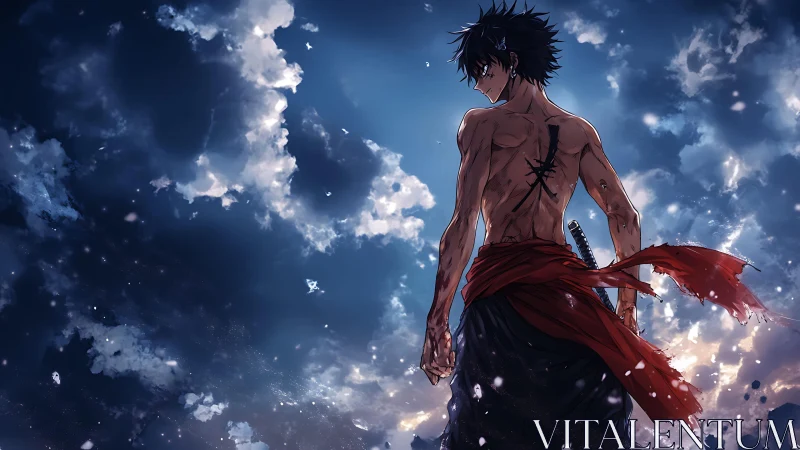 Backlit warrior silhouette under turbulent volumetric sky lighting